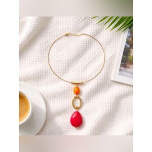 🛍️ Gold red orange teardrop Stone dangle adjustable choker bib necklace